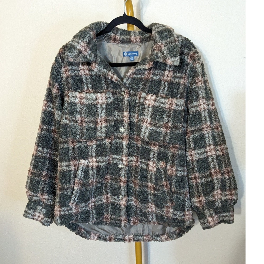Democracy Plaid Sherpa Teddy Trucker Jacket Shacket XS Chore Coat Rustic